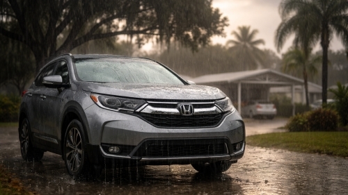 Silver SUV parked in a Brandon, FL driveway during a tropical rainstorm – why comprehensive insurance is vital for Florida weather risks.