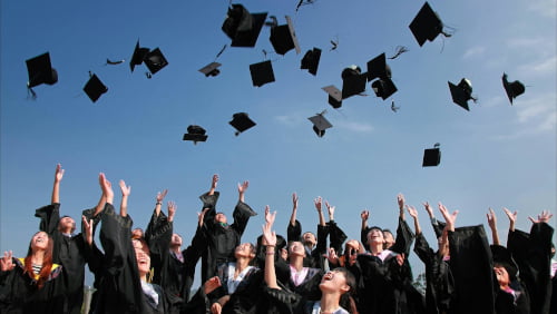 New graduates throwing their caps in the air