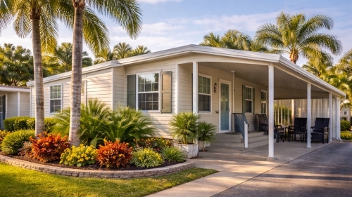 Well-maintained manufactured home with carport and tropical landscaping in Florida