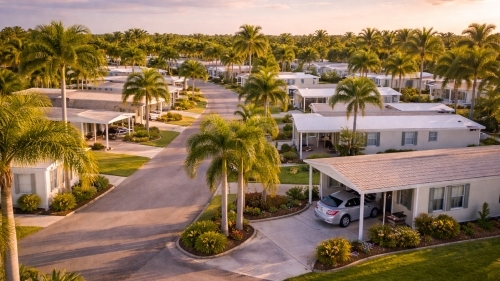 Aerial view of a Florida mobile home park community with palm trees and carports