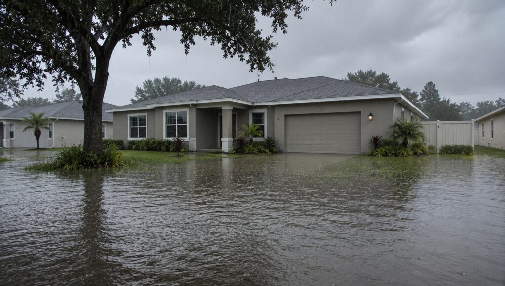Flooded yard in suburban neighborhood | Bartow Flood Insurance from Think Safe Insurance