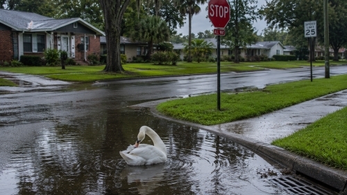 Flooded residential street in Lakeland FL showing inland flood risk after heavy rain