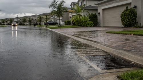 Heavy rain flooding a Davenport FL subdivision street showing inland flood risk