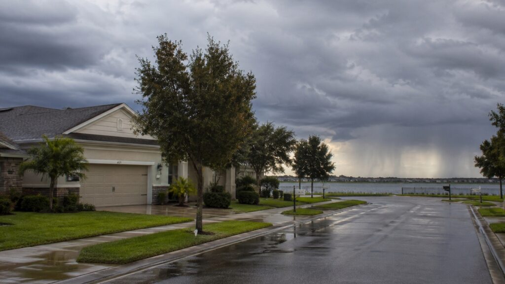 Suburban Winter Haven home in rain storm