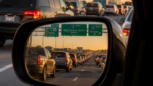 I-4 highway congestion near Davenport FL with signs for Walt Disney World Tampa and Orlando