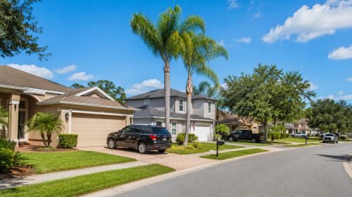 Residential street in Auburndale FL neighborhood with palm trees, suburban homes, and vehicles in driveways