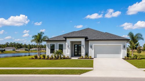 A newly constructed modern home with a hip roof next to a retention pond in an Auburndale Florida subdivision