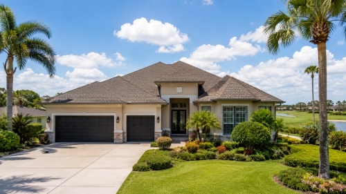 Modern single-family home with a clean shingle roof next to a golf course in a Haines City FL residential community.
