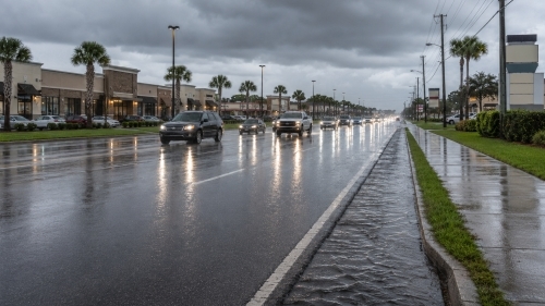 Commuter traffic and storefronts along a rainy US-27 commercial corridor in Haines City Florida with stormwater runoff flowing along the concrete curb.