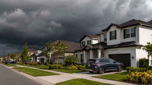 Modern master-planned suburban homes in a Haines City Florida neighborhood with an SUV parked in the driveway under a dark rolling storm cloud sky.