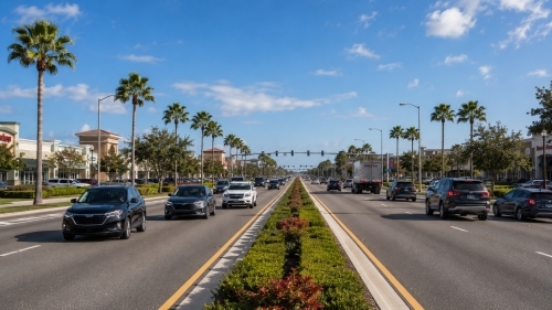 Daytime traffic and commercial vehicles moving along a busy multi-lane highway corridor with palm trees and retail centers in Haines City Florida.