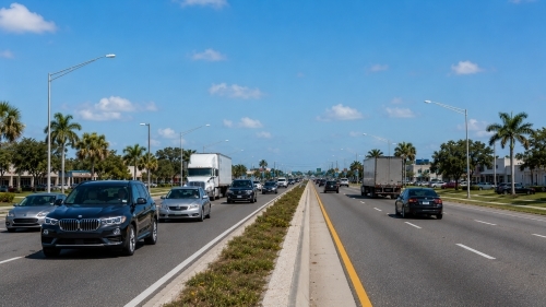 Daytime traffic moving along the busy multi-lane US-27 highway corridor in Lake Wales FL, featuring passenger vehicles and commercial trucks passing local commercial storefronts.