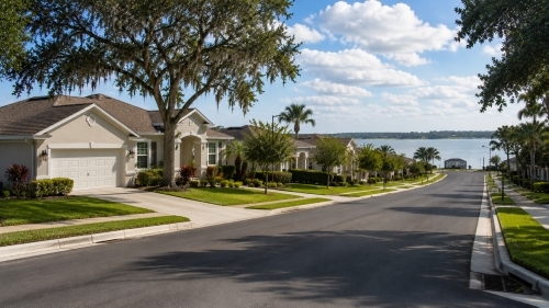 A sloping residential street with modern single-family stucco homes leading down toward a scenic inland lake in Lake Wales Florida, featuring a storm sewer curb inlet drain.