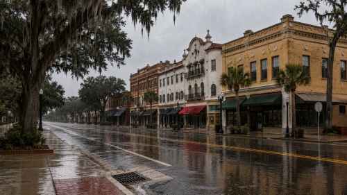 Historic brick buildings and storefronts along a clean street in downtown Lake Wales FL during an afternoon rain, with a prominent municipal storm drain grate visible in the foreground pavement.