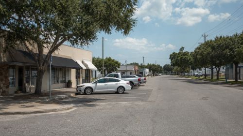 A small-town commercial street with one-story storefronts and mature oaks, typical of downtown Mulberry, FL.
