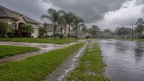 A residential street during a heavy summer thunderstorm, with stormwater running along the roadside swales.