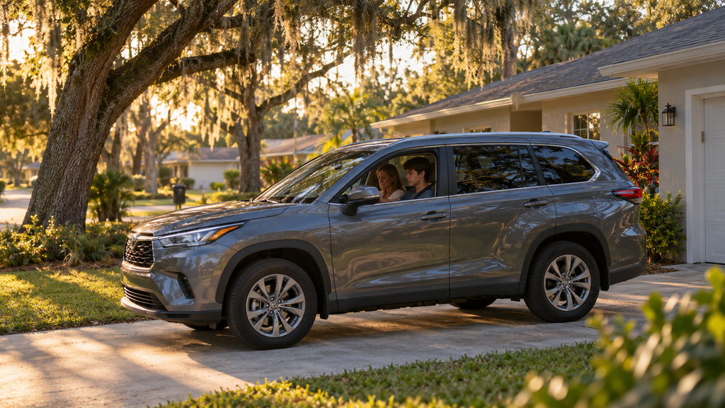 Parent and teen driver in a car parked in an oak-shaded driveway, typical of Seffner, FL neighborhoods