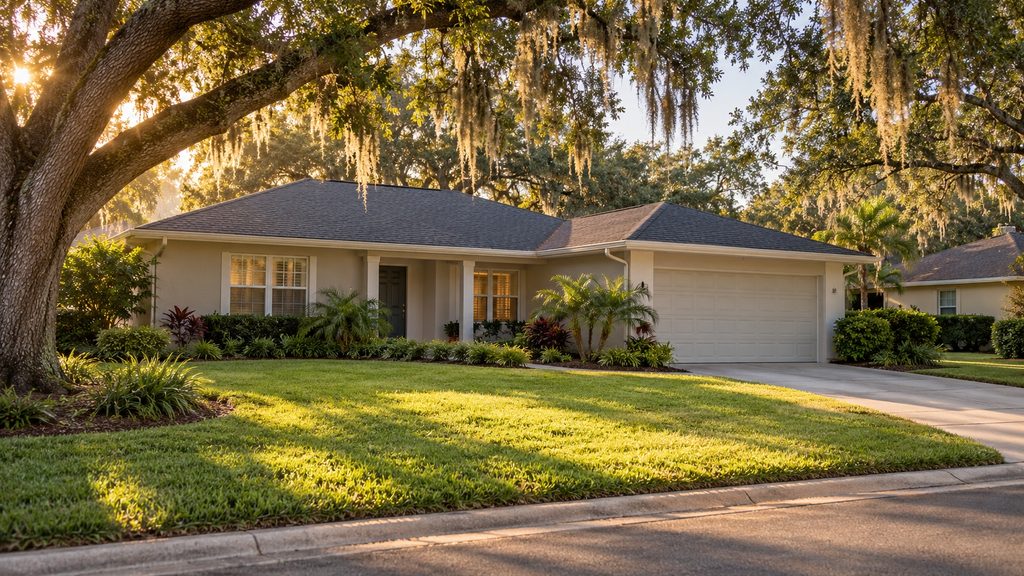 Established single-story ranch home with a newer shingle roof and mature oaks, typical of Seffner, FL neighborhoods