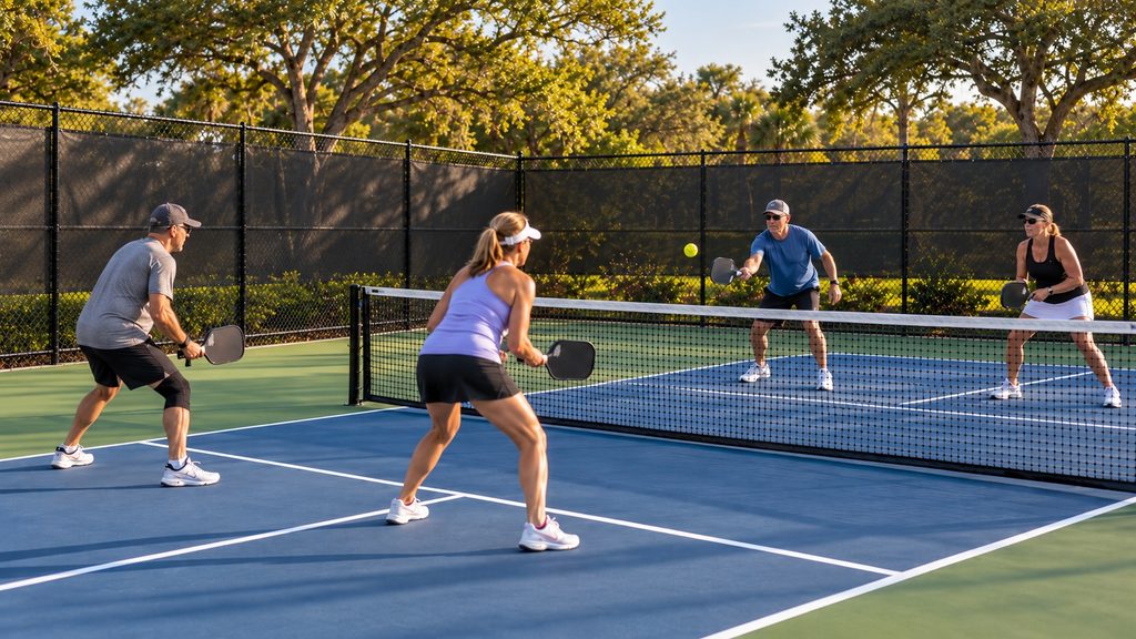 Adults playing pickleball on outdoor courts at a community recreation center, typical of recreation in Seffner, FL