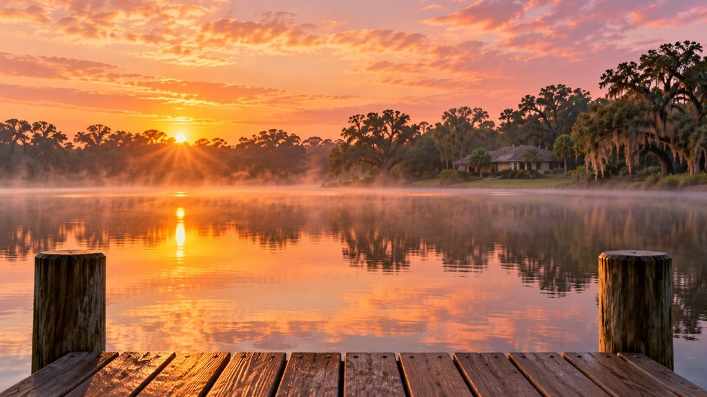 Calm lake at sunrise with a home set back among oaks, typical of lake-access neighborhoods in Seffner, FL