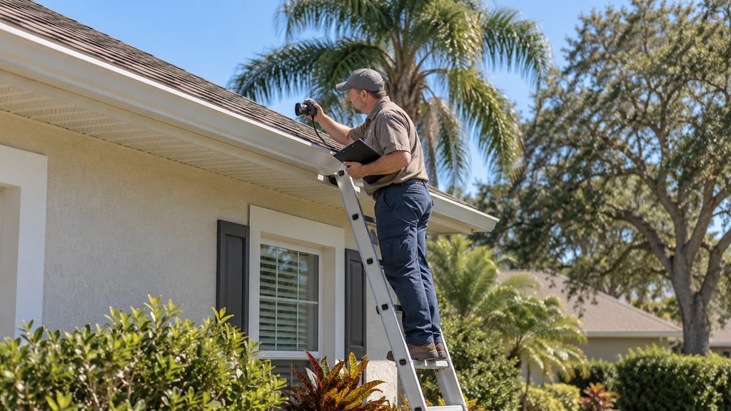 Inspector on a ladder checking a roof edge during a wind mitigation inspection, typical of Seffner, FL homes