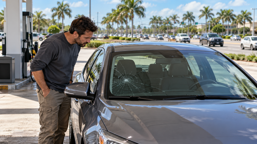 Driver inspecting a cracked windshield on a car parked at a gas station, typical of Seffner, FL commutes