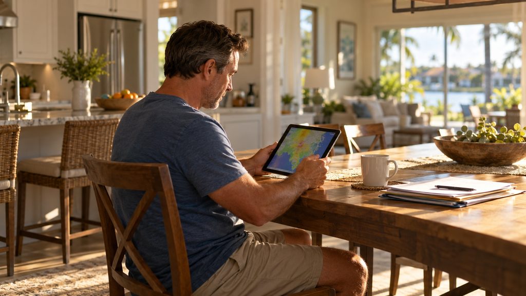 Homeowner reviewing a flood zone map on a tablet at a kitchen table, typical of Seffner, FL homes