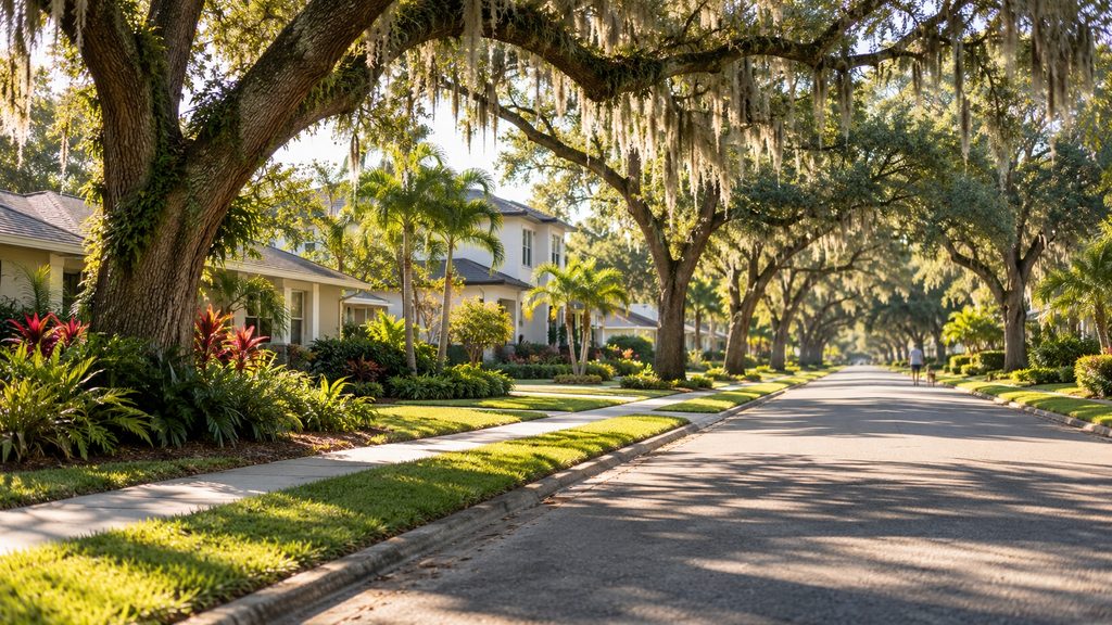 Quiet residential street lined with mature live oaks and a mix of older and newer homes, typical of Seffner, FL neighborhoods