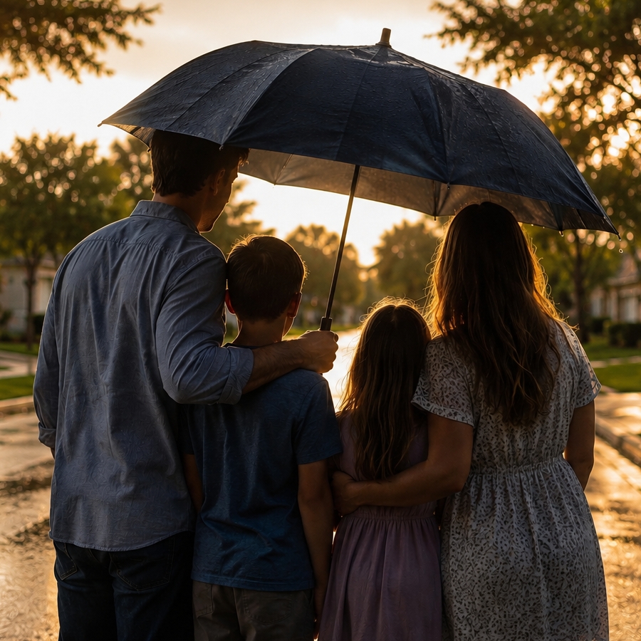 Family of 4 under an umbrella during a rainstorm on a street in Florida