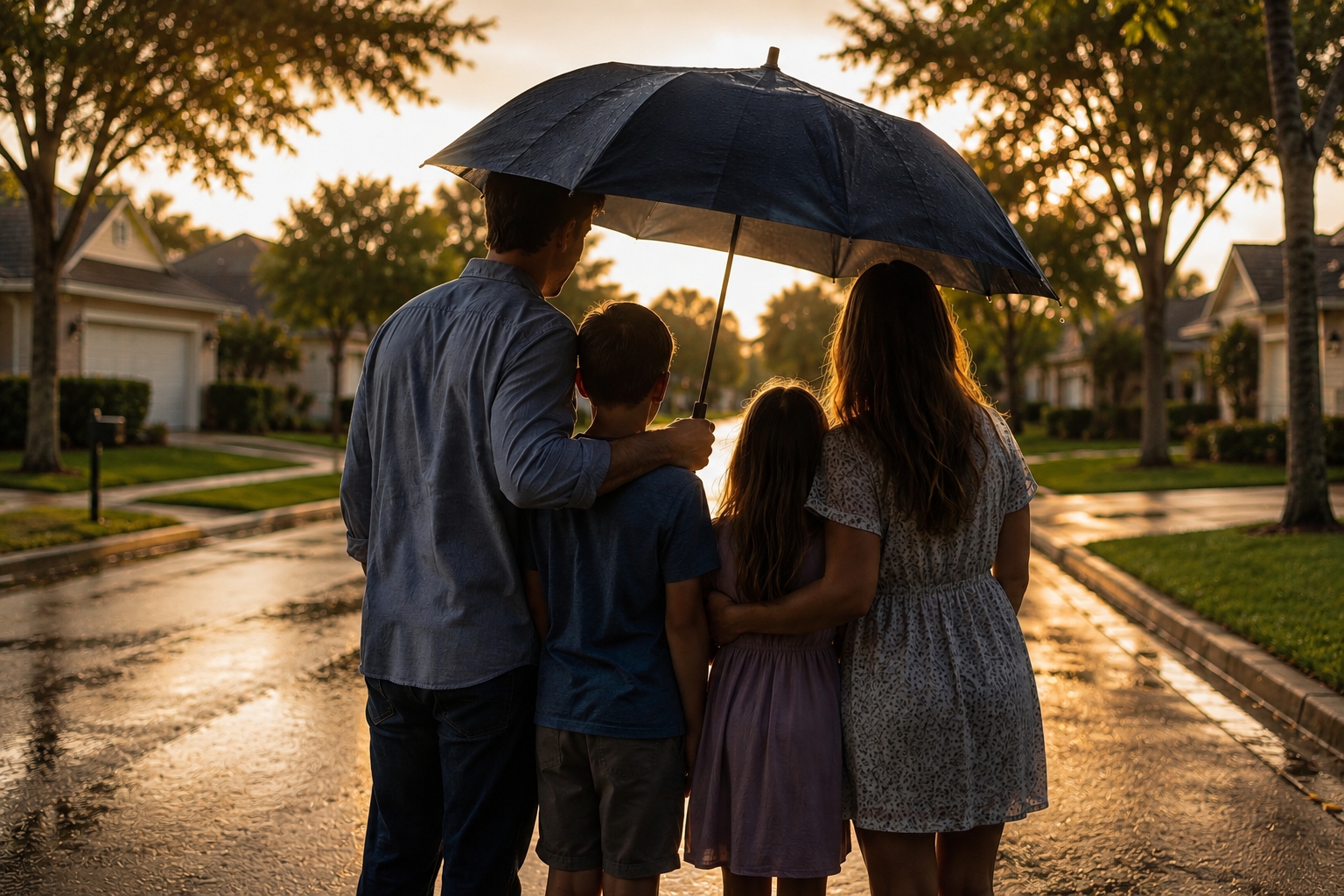 Family of 4 on a Florida Street under an umbrella during a rainstorm