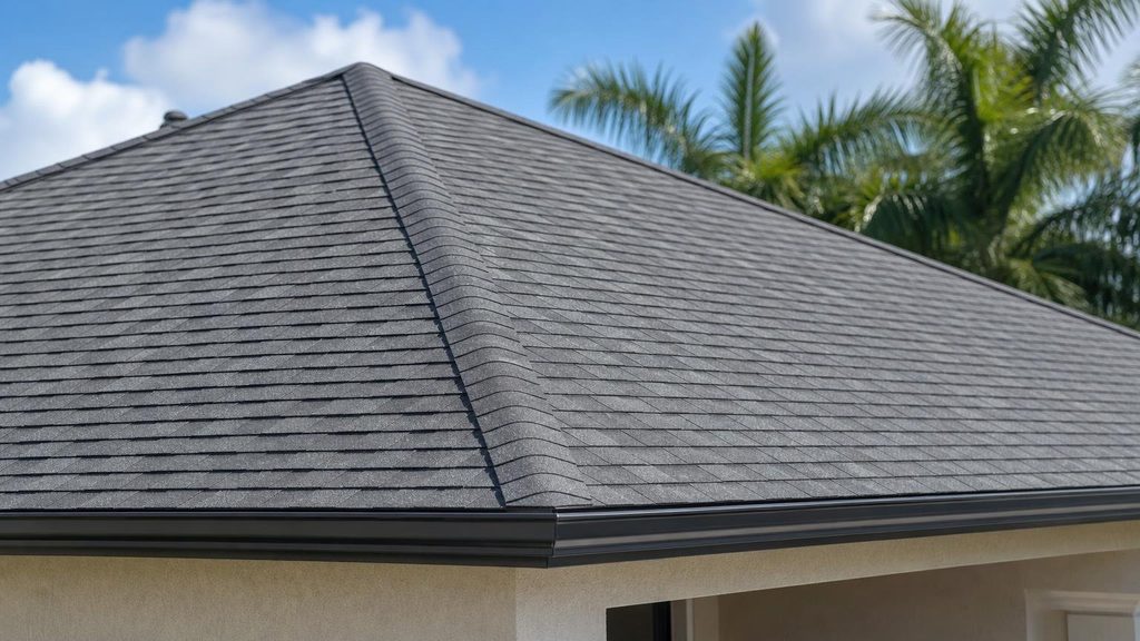 A newly installed architectural shingle hip roof on a Florida home, a roof shape that can qualify for wind mitigation credits.