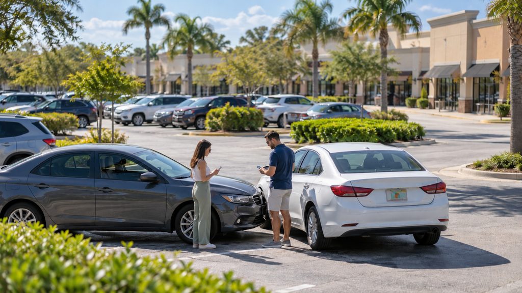Two drivers exchanging insurance information after a minor fender-bender in a sunny Florida shopping-center parking lot.