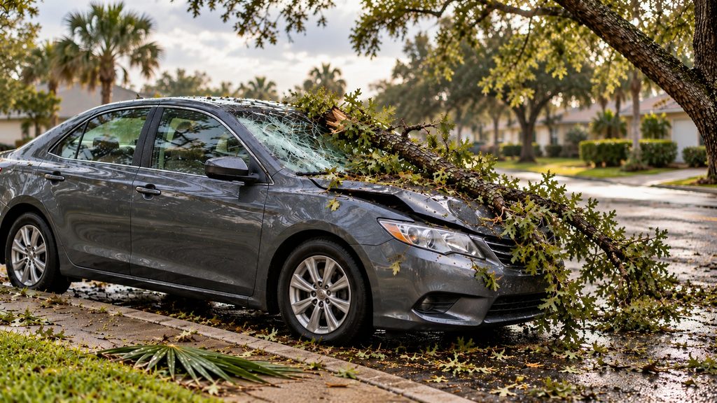 A fallen oak limb across the shattered windshield and crushed hood of a sedan parked on a residential street after a Florida storm.